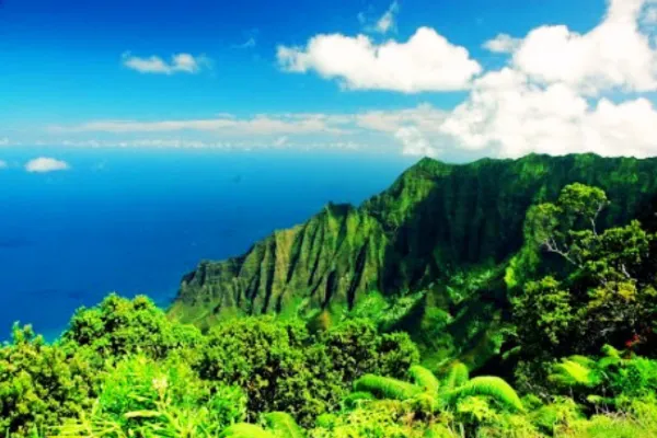 Lush green mountains and vibrant vegetation overlooking a serene ocean under a bright blue sky, symbolizing divine love and spiritual tranquility.