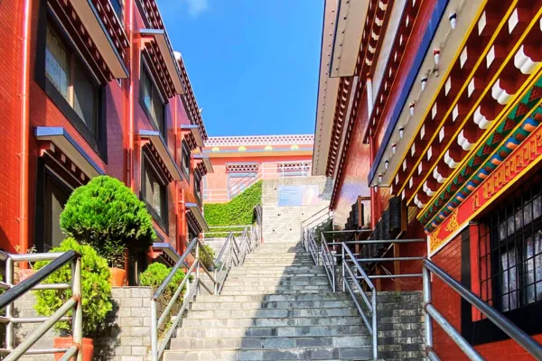 Staircase leading to colorful spiritual buildings surrounded by greenery, symbolizing the journey to personal liberation and divine love.